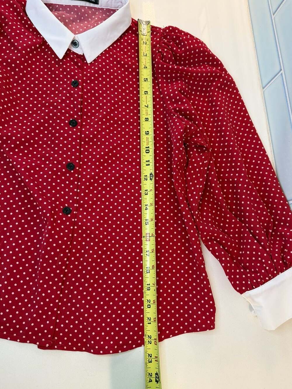 Red and White Polka Dot Long Sleeve Blouse with Contrast Collar - Picture 6 of 6